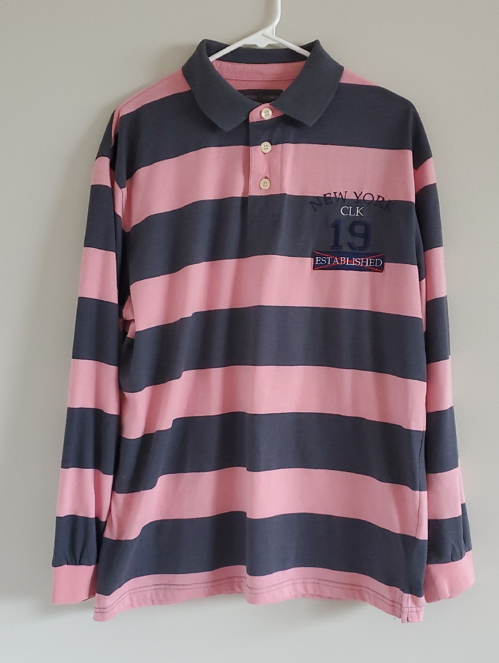Emporio Colombo Striped Rugby Polo Long Sleeve Tee - Pink & Charcoal Sz M Y2K